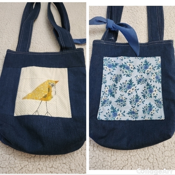 Double sided Handmade Denim Tote Spring Floral Pocket and Blue Bow Bird Artsy - Picture 1 of 10